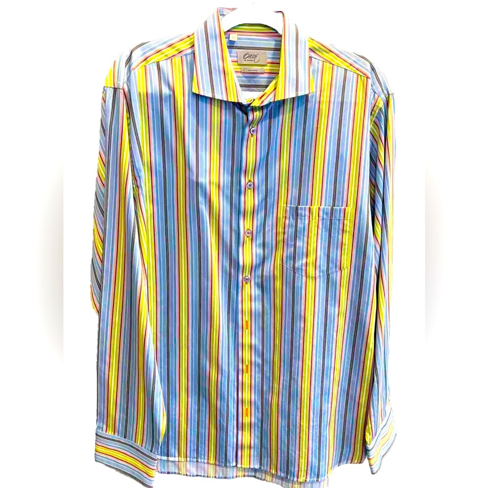 OSCAR OF SWEDEN mens XL 44 Shirt Long Sleeved Blue Yellow Lime Striped Non Iron